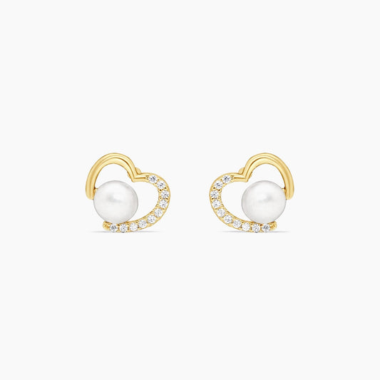 14K Yellow Gold Heart Stud Earrings with Pearl & Cubic Zirconia