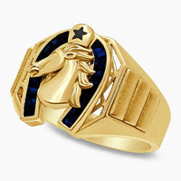 14K Yellow Gold Horseshoe Ring with Blue Cubic Zirconia Baguettes