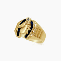 14K Yellow Gold Horseshoe Ring with Blue Cubic Zirconia Baguettes