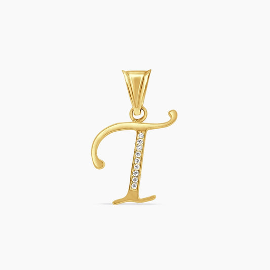 14K Yellow Gold Letter "T" Pendant with CZ