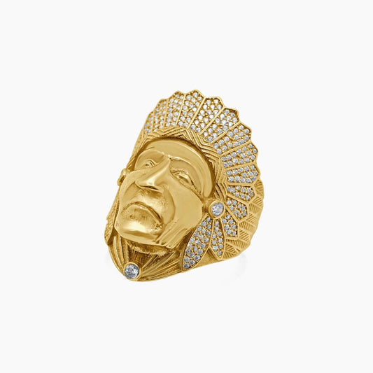 14K Yellow Gold Men’s Indian Head Ring with CZ Accents, Size 11