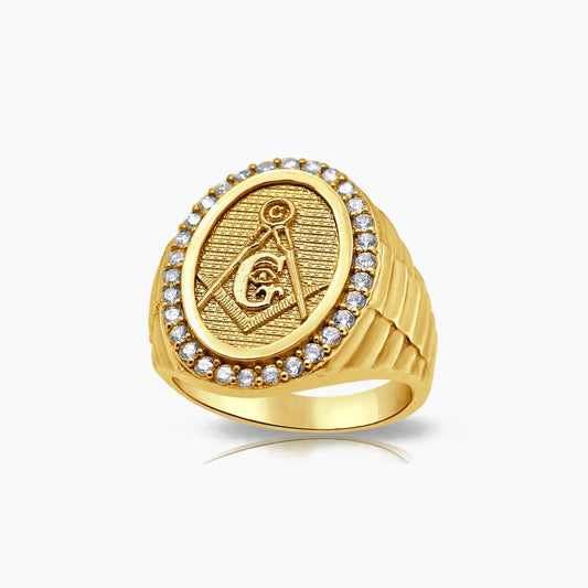 14K Yellow Gold Men’s Masonic Ring with CZ Accents, Size 10, 5.8g