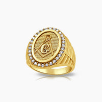 14K Yellow Gold Men’s Masonic Ring with CZ Accents, Size 10