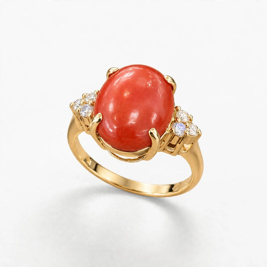 14K Yellow Gold 3.3g 0.15 ct Natural & Red Coral Ring Size 6.75 Vintage
