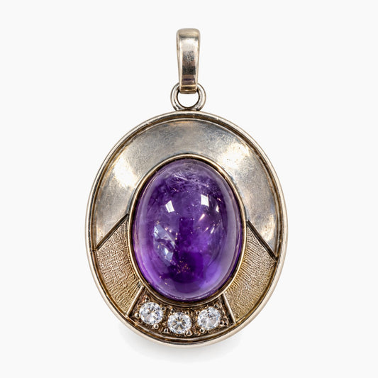 14K Yellow Gold & Silver Oval Pendant with Amethyst, 9.0g