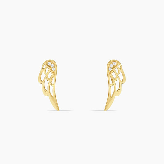 14K Yellow Gold Wing Stud Earrings with Cubic Zirconia, 14mm