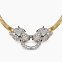 14K Yellow & White Gold Jaguar Head Necklace with Cubic Zirconia