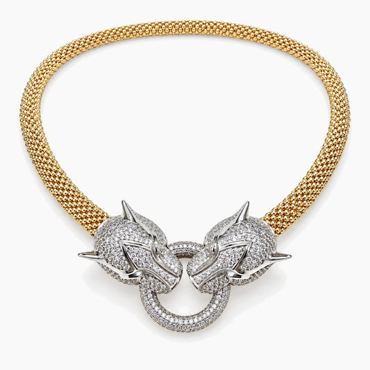 14K Yellow & White Gold Jaguar Head Necklace with Cubic Zirconia