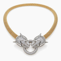 14K Yellow & White Gold Jaguar Head Necklace with Cubic Zirconia