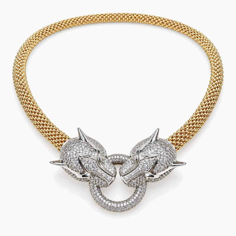 14K Yellow & White Gold Jaguar Head Necklace with Cubic Zirconia