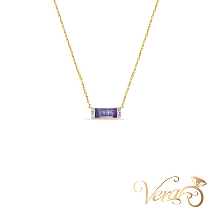 14K Yellow Gold Diamond and Amethyst Pendant Necklace with 0.03 ct Natural Diamond – 18", 1.05g