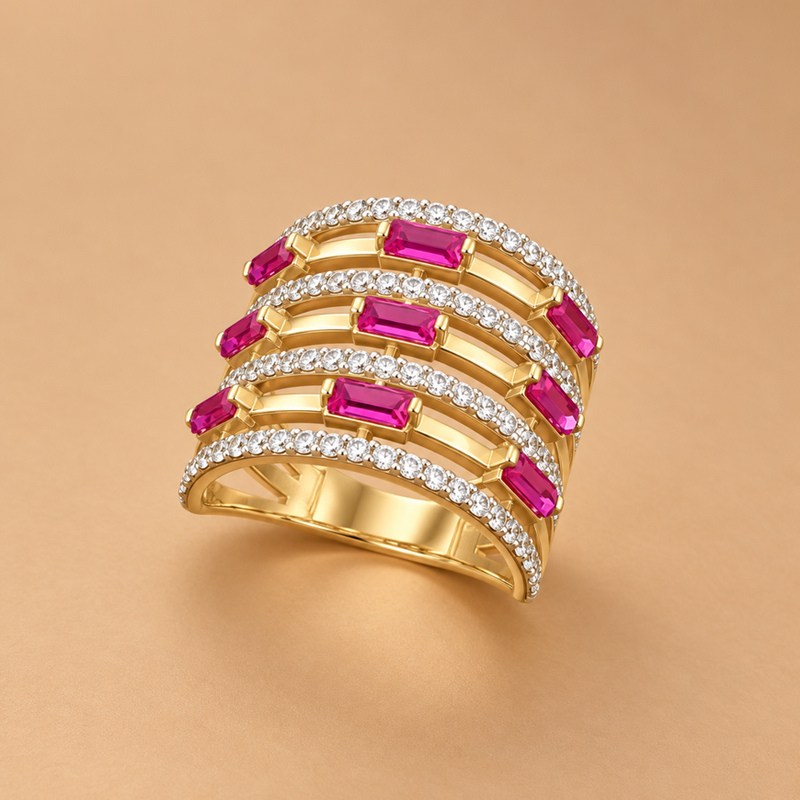 14K YG Band Ring CZ & Pink Baguette Stones, Size 8.5, 4.8g