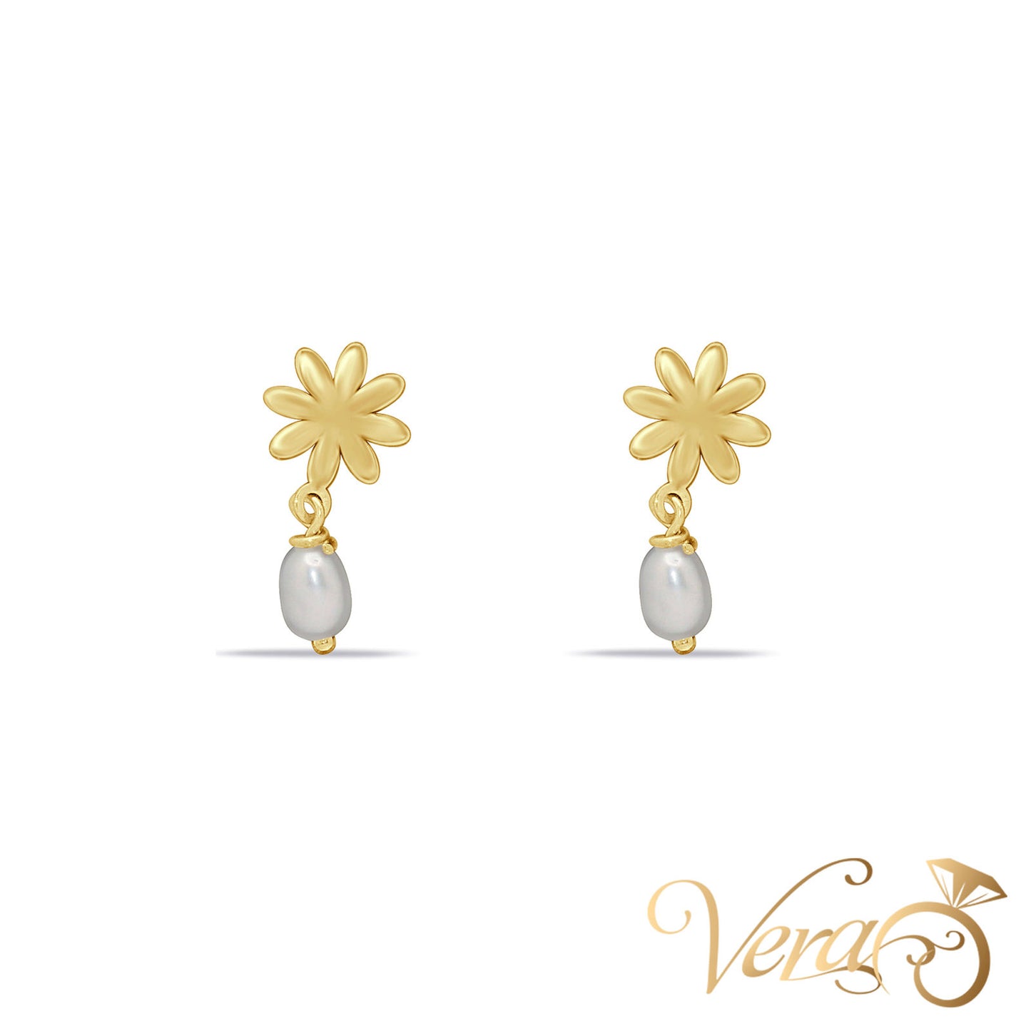 14K Yellow Gold Flower Drop Earrings with Pearl, 14mm