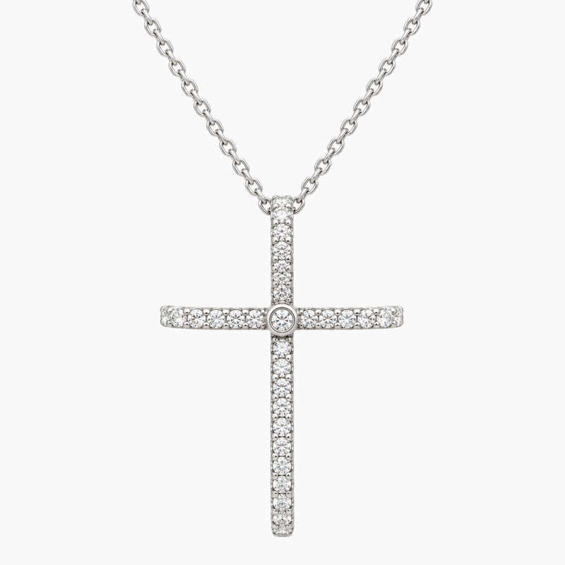 18K White Gold Cross Necklace with 0.25 ct Natural Diamonds, 16