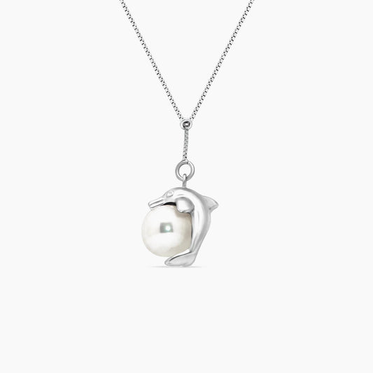 18K White Gold Dolphin Pendant with Pearl & Chain – 20"
