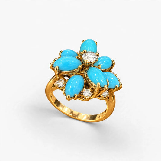 18K Yellow Gold Vintage Ring 0.30 ct Natural & Turquoise