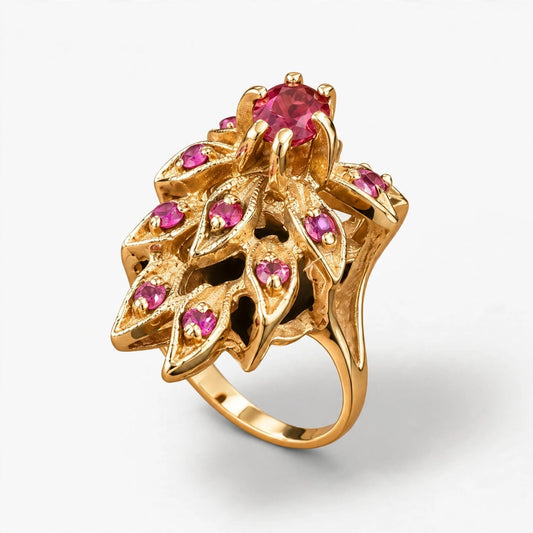 18K Yellow Gold Vintage Ring Ruby Floral, Size 5, 7.1g