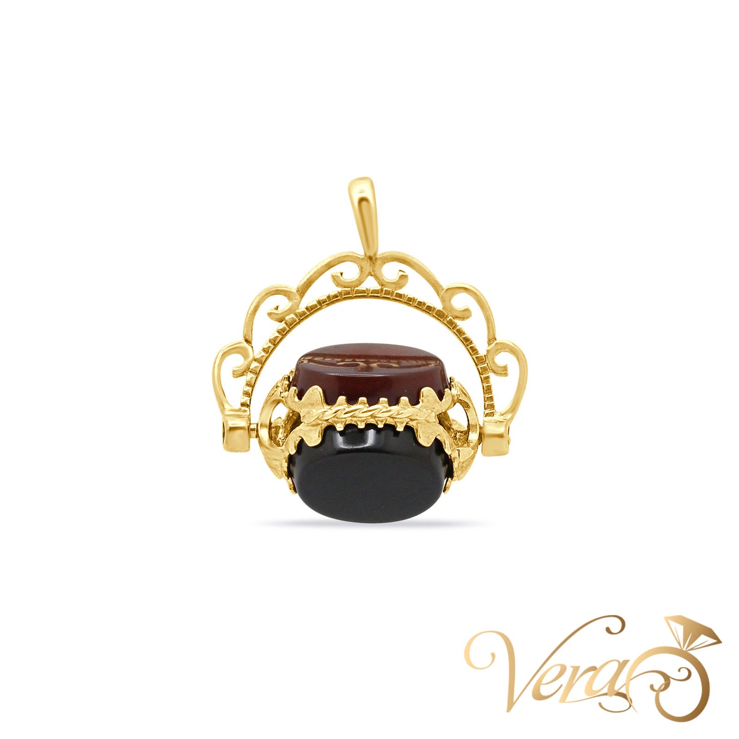 9K Yellow Gold Vintage Arch Pendant with Amber, Jade & Onyx  23mm - Vera Jewelry in Miami