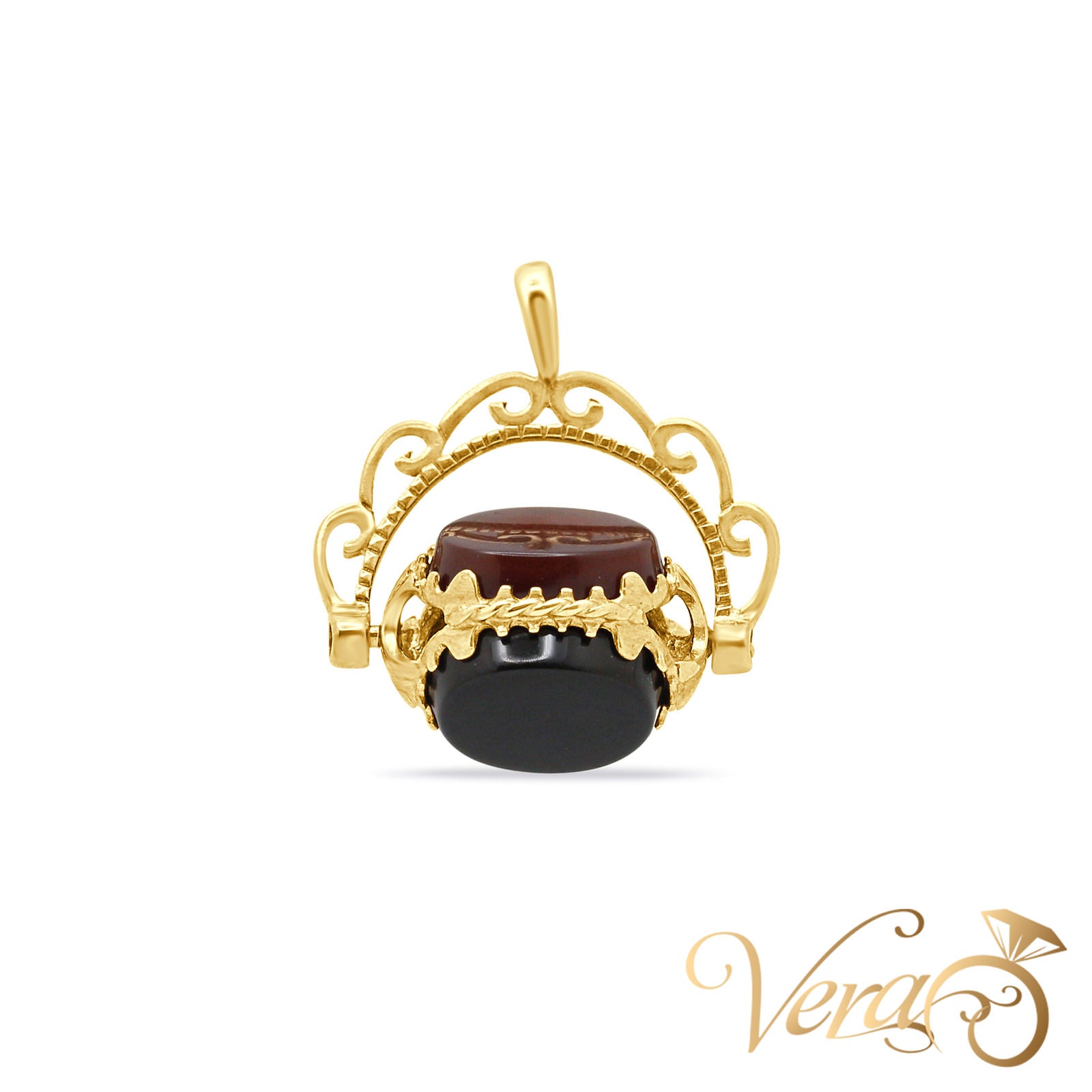 9K Yellow Gold Vintage Arch Pendant with Amber, Jade & Onyx  23mm - Vera Jewelry in Miami