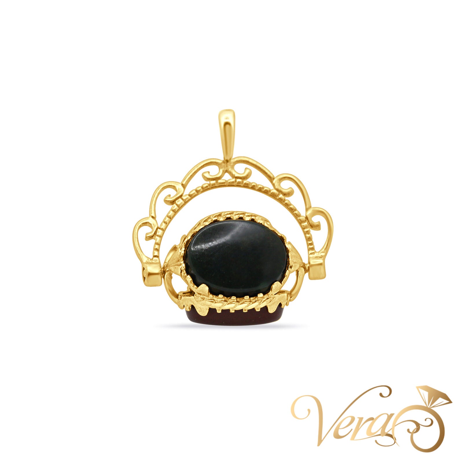 9K Yellow Gold Vintage Arch Pendant with Amber, Jade & Onyx  23mm - Vera Jewelry in Miami