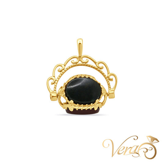 9K Yellow Gold Vintage Arch Pendant with Amber, Jade & Onyx  23mm - Vera Jewelry in Miami