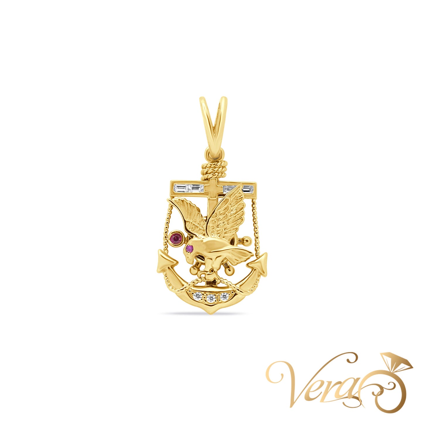 14K Yellow Gold Anchor Pendant with Eagle & Ship Wheel  37mm - Vera Jewelry in Miami
