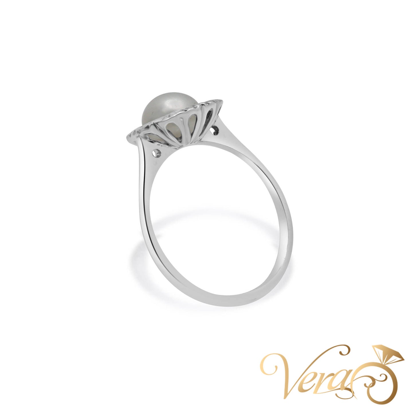 18K WG Women Ring Pearl, Size 7.75, 2.5g