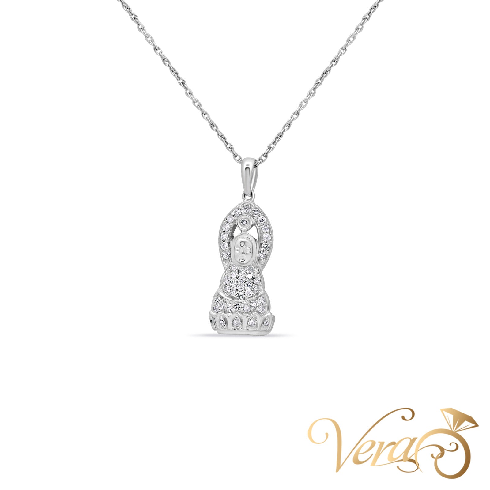 14K White Gold Buddha Pendant with 0.20 ct Natural Diamond  24mm, 2.1g - Vera Jewelry in Miami