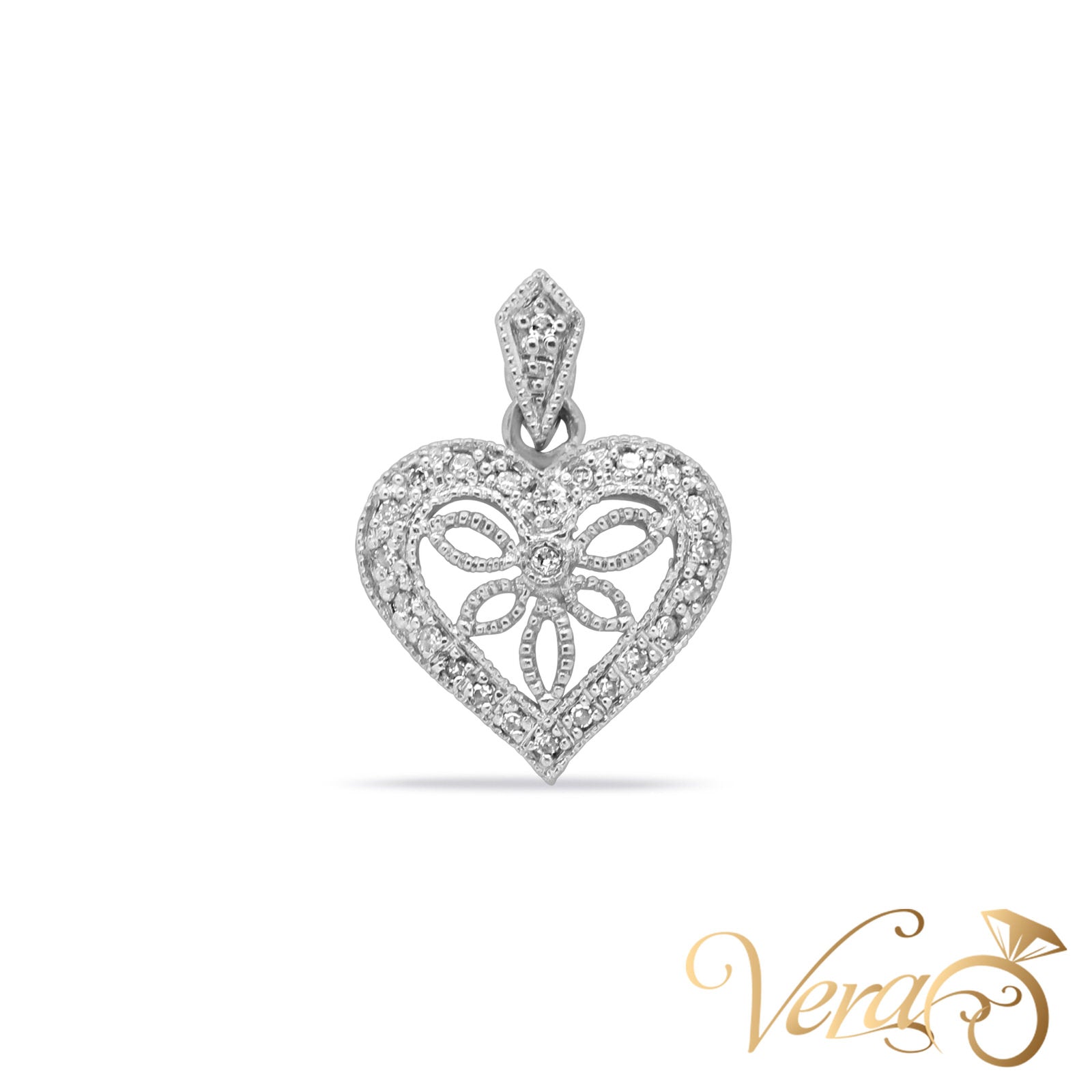 14K White Gold Heart Pendant with 0.20 ct Diamonds  22mm - Vera Jewelry in Miami