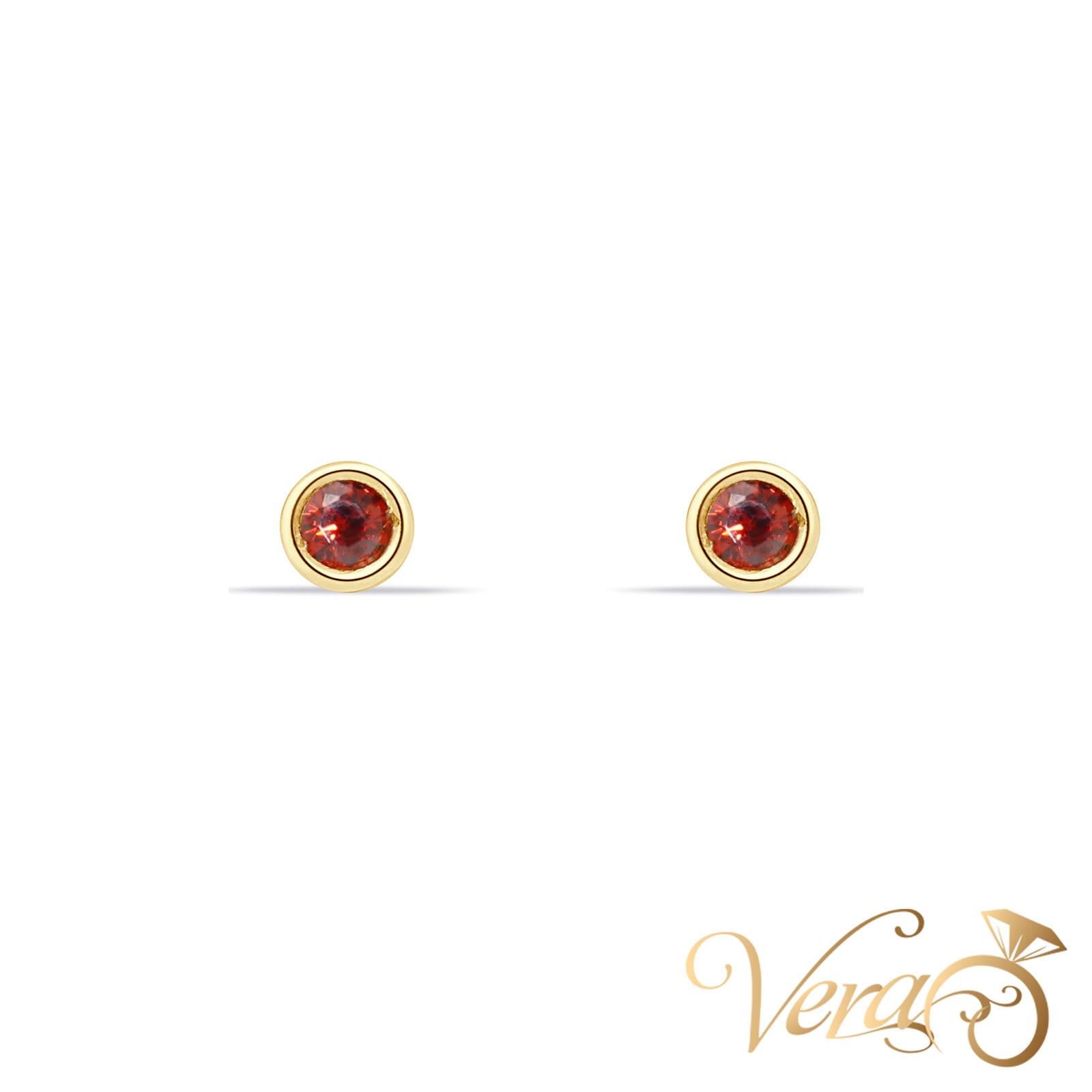 14K Yellow Gold Solitaire Stud Earrings with Red Cubic Zirconia, 4mm - Vera Jewelry in Miami