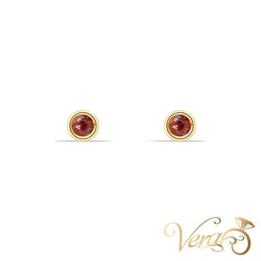 14K Yellow Gold Solitaire Stud Earrings with Red Cubic Zirconia, 4mm - Vera Jewelry in Miami