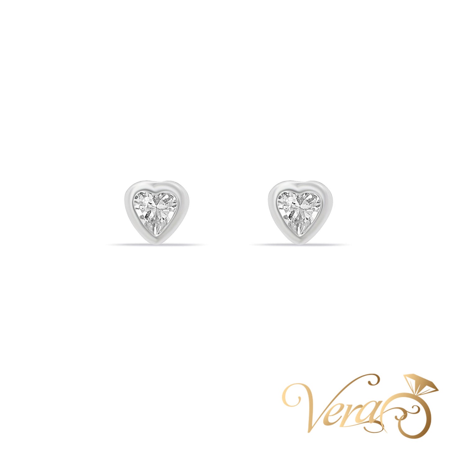 14K White Gold Heart Stud Earrings with CZ, 4.5mm