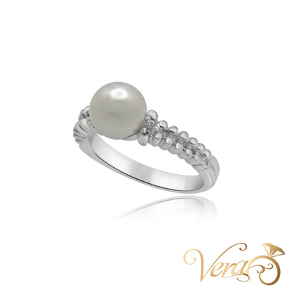 18K WG Women Ring 0.02 ct NAT & Pearl, Size 5.5, 4.8g