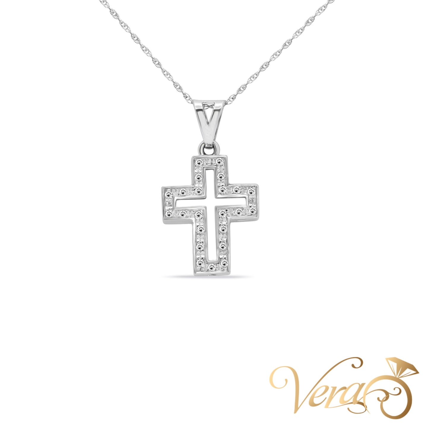 14K White Gold Crucifix Pendant with Chain & CZ – 16"