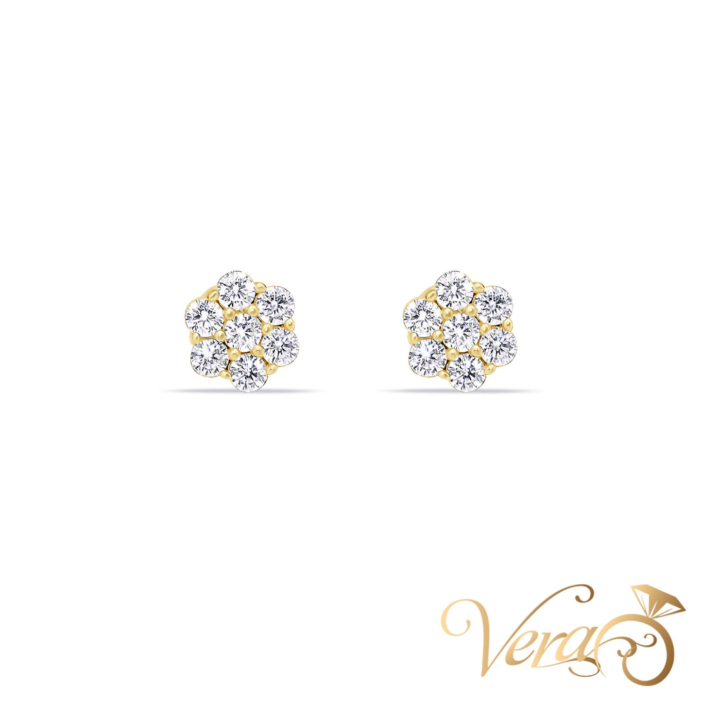 14K Yellow Gold Floral Stud Earrings with CZ, 5.5mm - Vera Jewelry in Miami