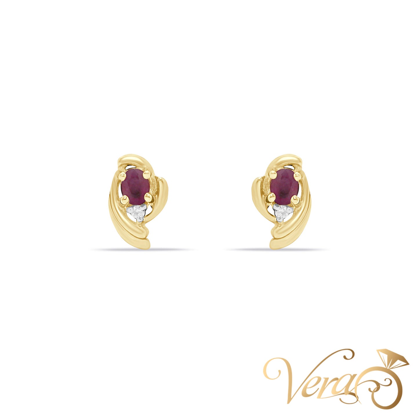 14K Yellow Gold Diamond and Ruby Stud Earrings, 0.02 ct, 10mm, 1.9g - Vera Jewelry in Miami