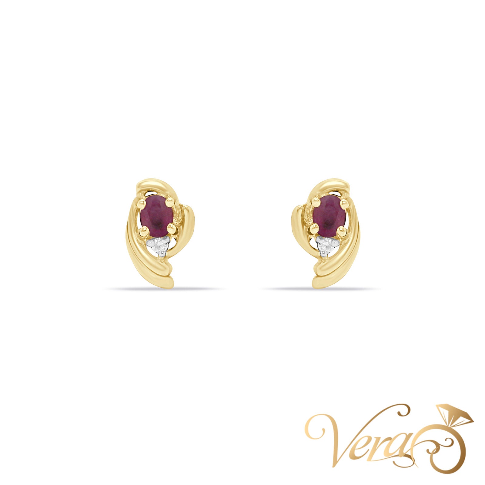 14K Yellow Gold Diamond and Ruby Stud Earrings, 0.02 ct, 10mm, 1.9g - Vera Jewelry in Miami
