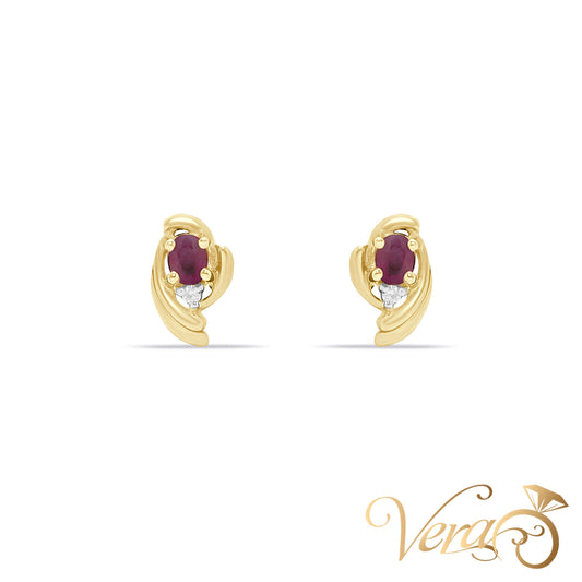 14K Yellow Gold Diamond and Ruby Stud Earrings, 0.02 ct, 10mm, 1.9g