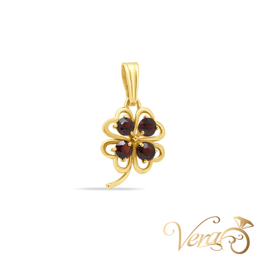 18K Yellow Gold Clover Pendant with Garnet – 27mm