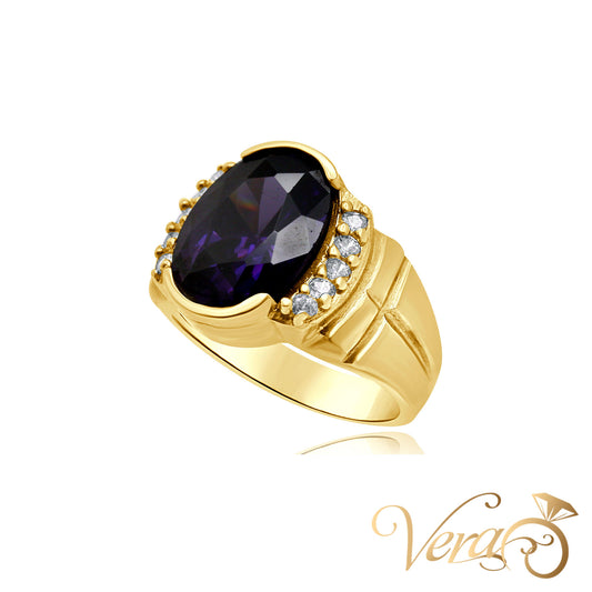 10K Yellow Gold Men’s Ring with Oval Purple CZ Center Stone and Side Accents, Size 10, 9.4g - Vera Jewelry in Miami