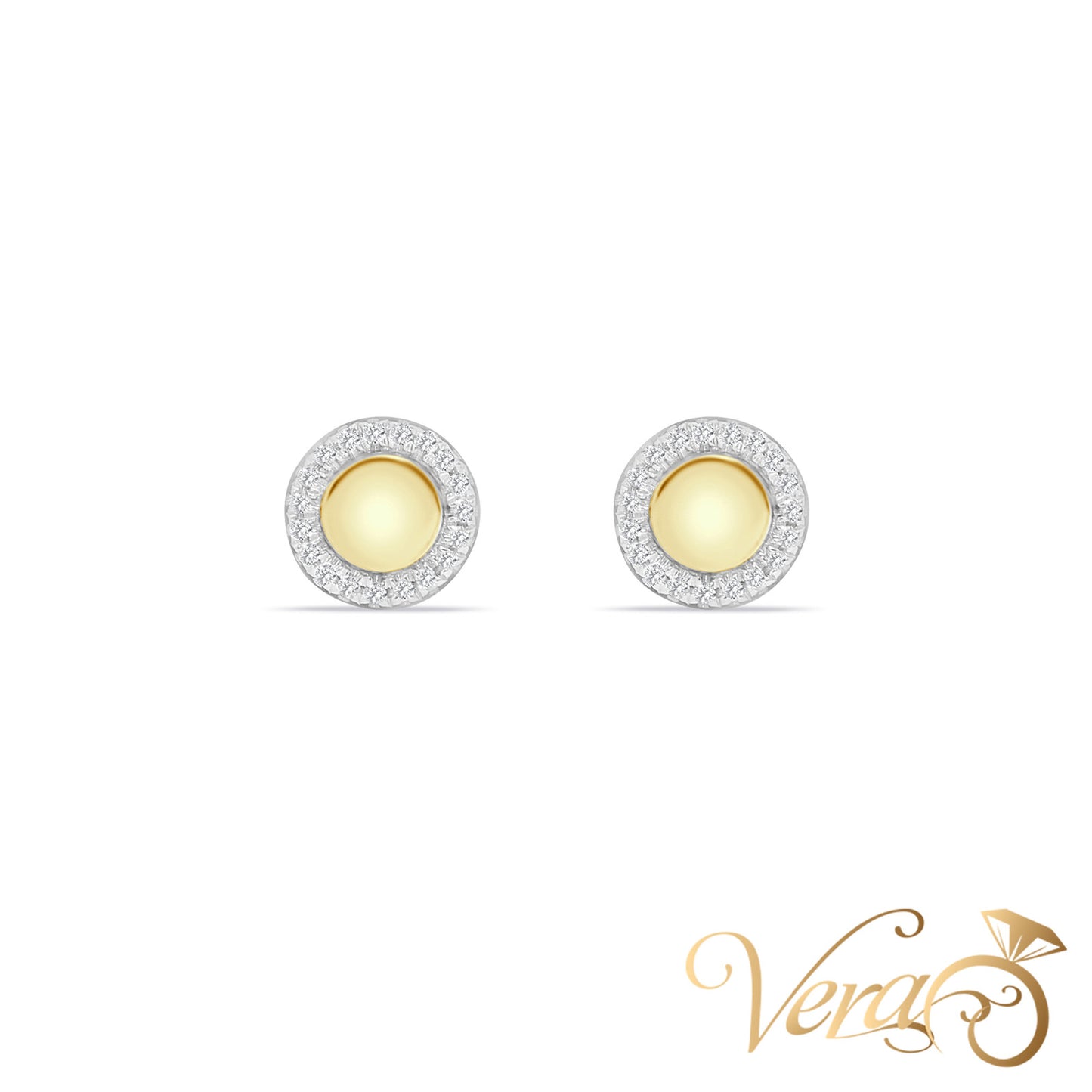 14K Yellow Gold Round Stud Earrings with Natural Diamonds, 0.05 ct, 7mm, 1.1g - Vera Jewelry in Miami
