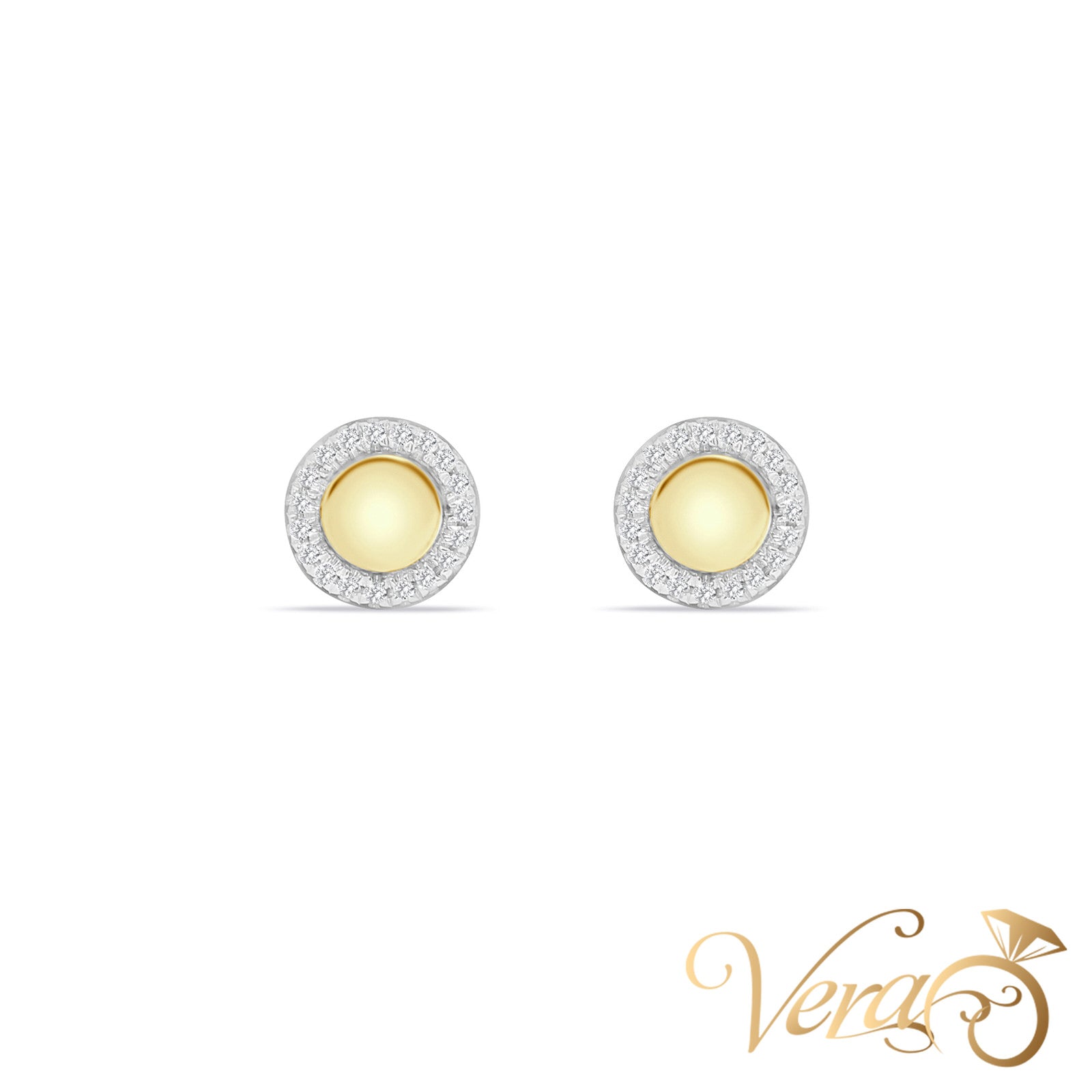 14K Yellow Gold Round Stud Earrings with Natural Diamonds, 0.05 ct, 7mm, 1.1g - Vera Jewelry in Miami
