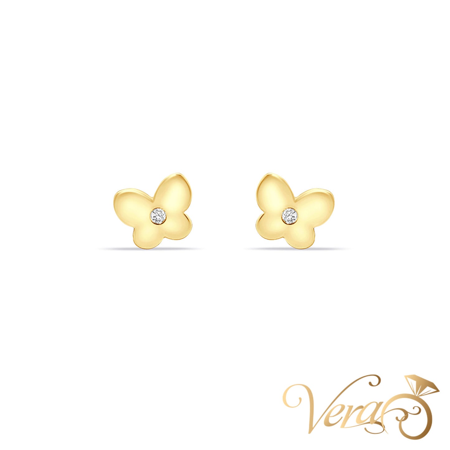 14K Yellow Gold Butterfly Stud Earrings with CZ Center, 5.7mm - Vera Jewelry in Miami