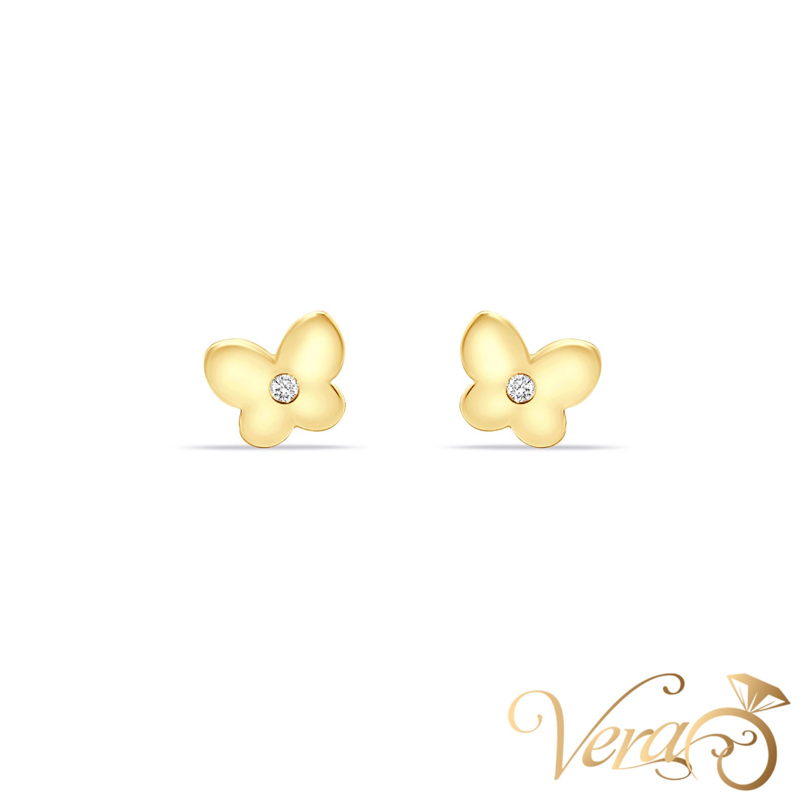 14K Yellow Gold Butterfly Stud Earrings with CZ Center, 5.7mm - Vera Jewelry in Miami
