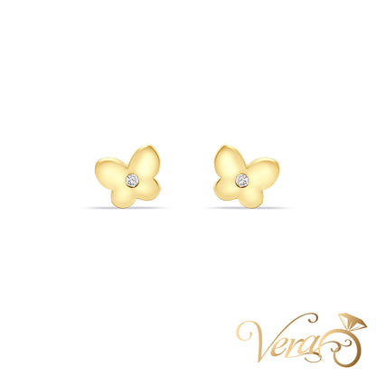 14K Yellow Gold Butterfly Stud Earrings with Cubic Zirconia Center, 5.7mm