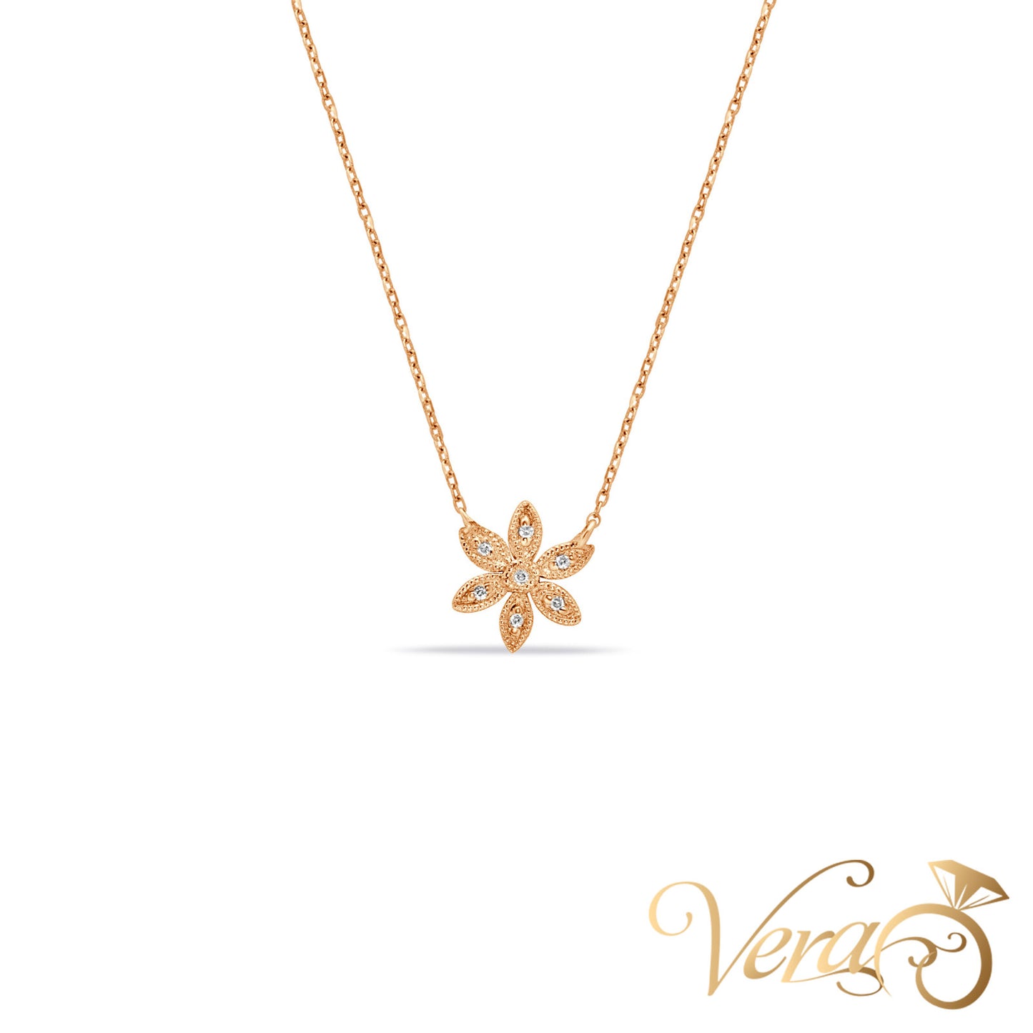 14K Rose Gold Floral Pendant Necklace with 0.03 ct Natural Diamond – 18", 1.00g