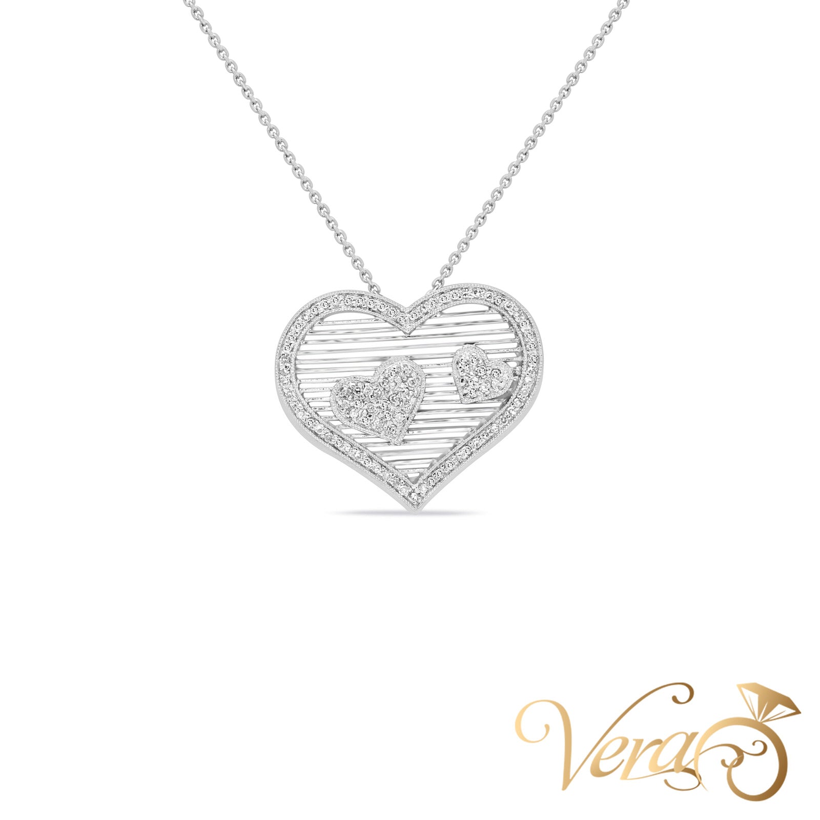 14K White Gold Heart Pendant with 0.40ct Diamond  21mm - Vera Jewelry in Miami