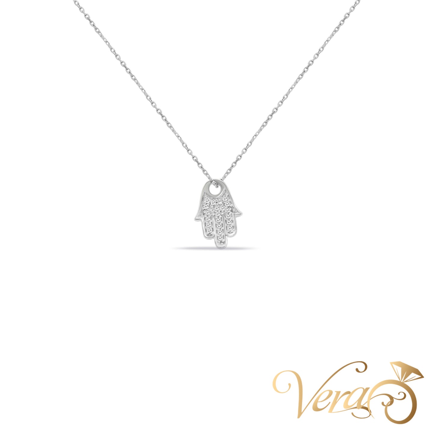 14K White Gold Hamsa Hand Pendant with Chain & 0.10ct Diamond  18" - Vera Jewelry in Miami