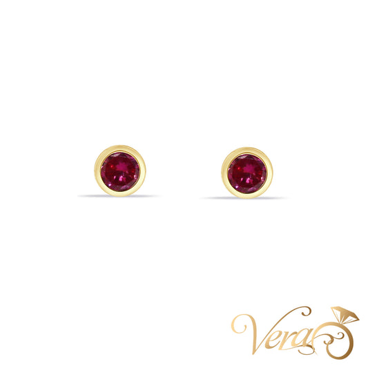 14K Yellow Gold Solitaire Stud Earrings with Red Cubic Zirconia, 4.6mm - Vera Jewelry in Miami