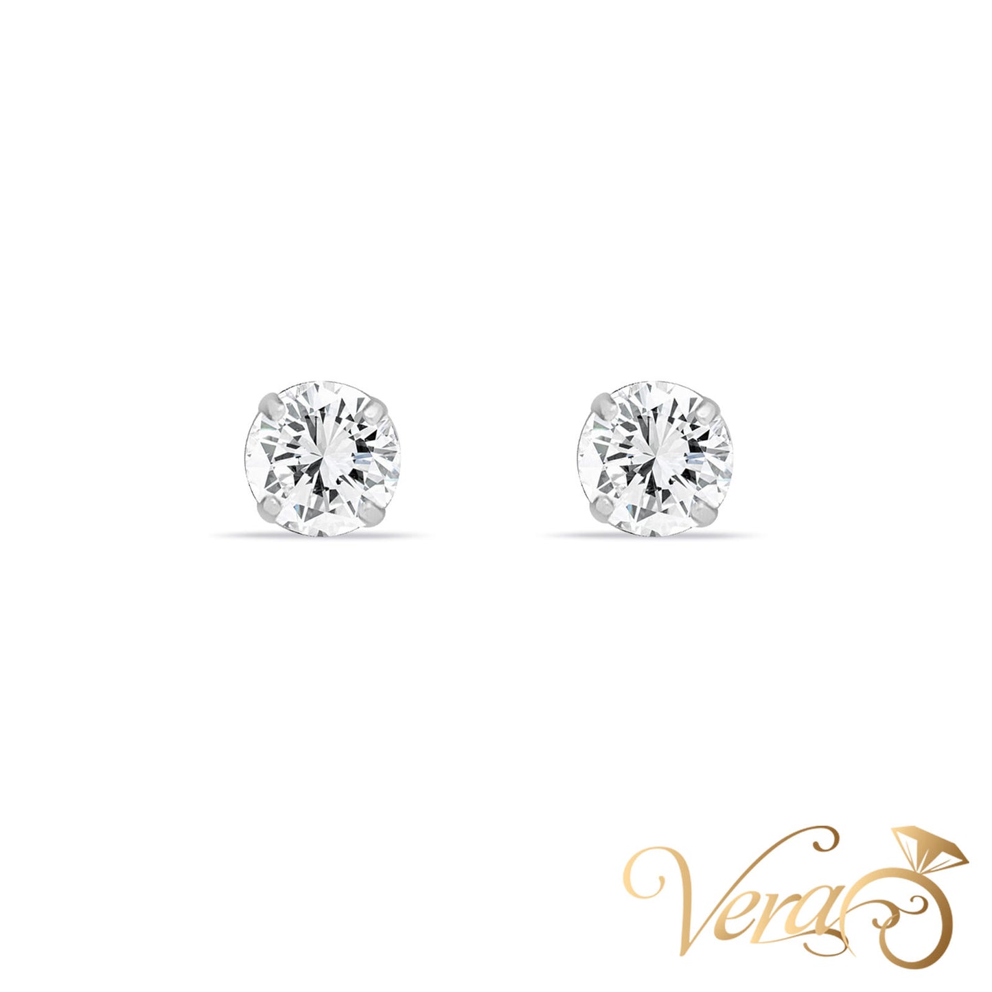 14K White Gold Stud Earrings with Cubic Zirconia, 4.5mm - Vera Jewelry in Miami
